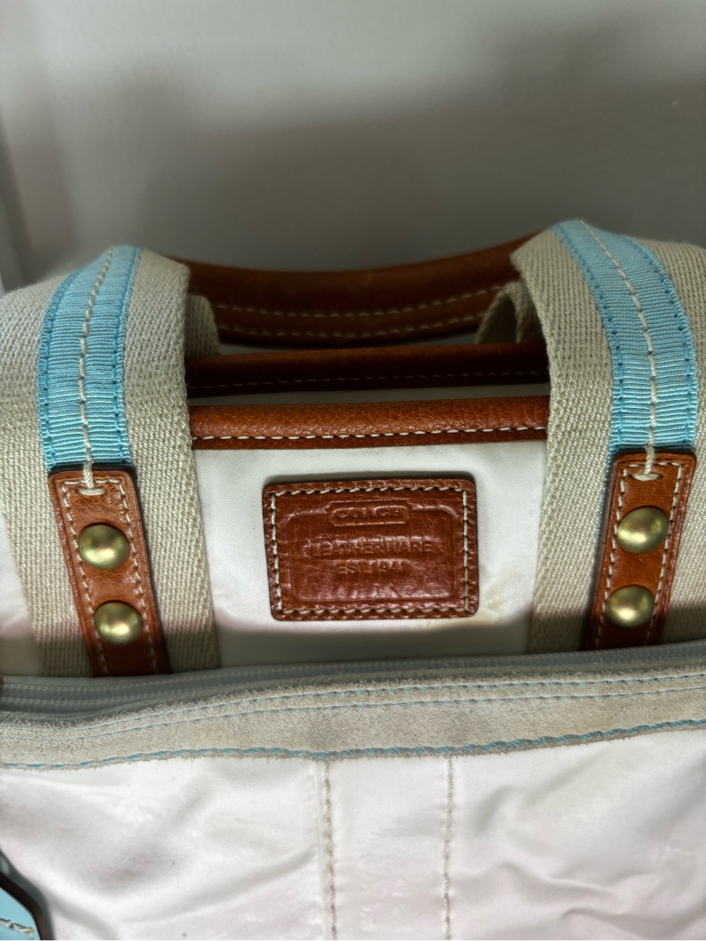 VINTAGE Coach 2005 Y2K Hamptons Nylon Mini Tote Bag Cream Ice Blue Trim #126 - Picture 7 of 12
